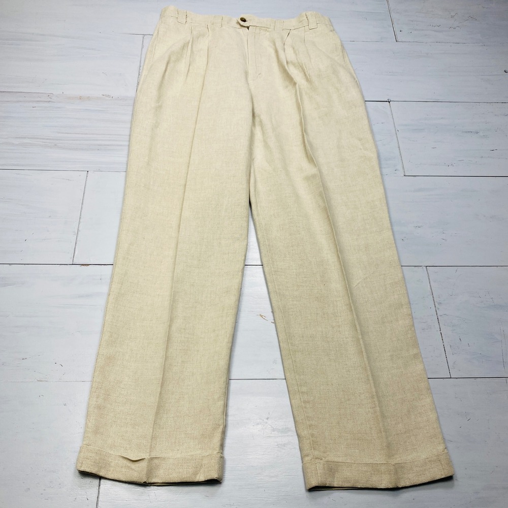 Dockers Pleated Linen Blend Pants Mens 34x29 Beige Khaki Cuffed Straight Pant